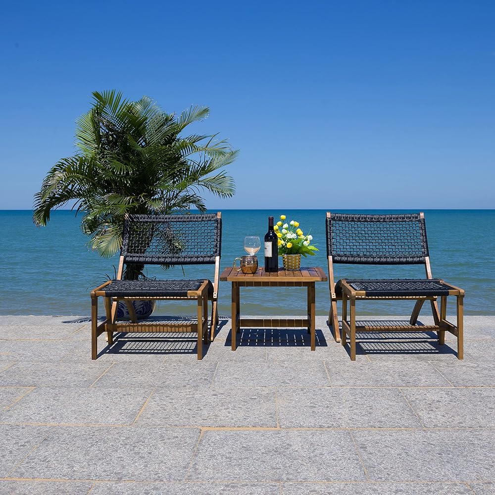 SAFAVIEH Outdoor Collection PAT7077 Conversation Set, Natural/Black