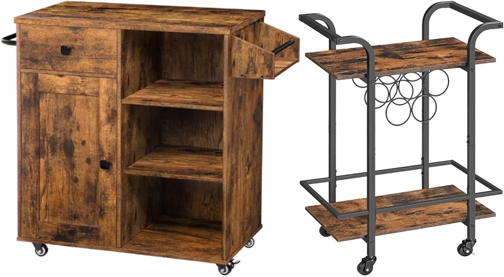 HOOBRO Kitchen Island and Bar Cart Bundle, for Living Room, Party, Bar,Rustic Brown and Black