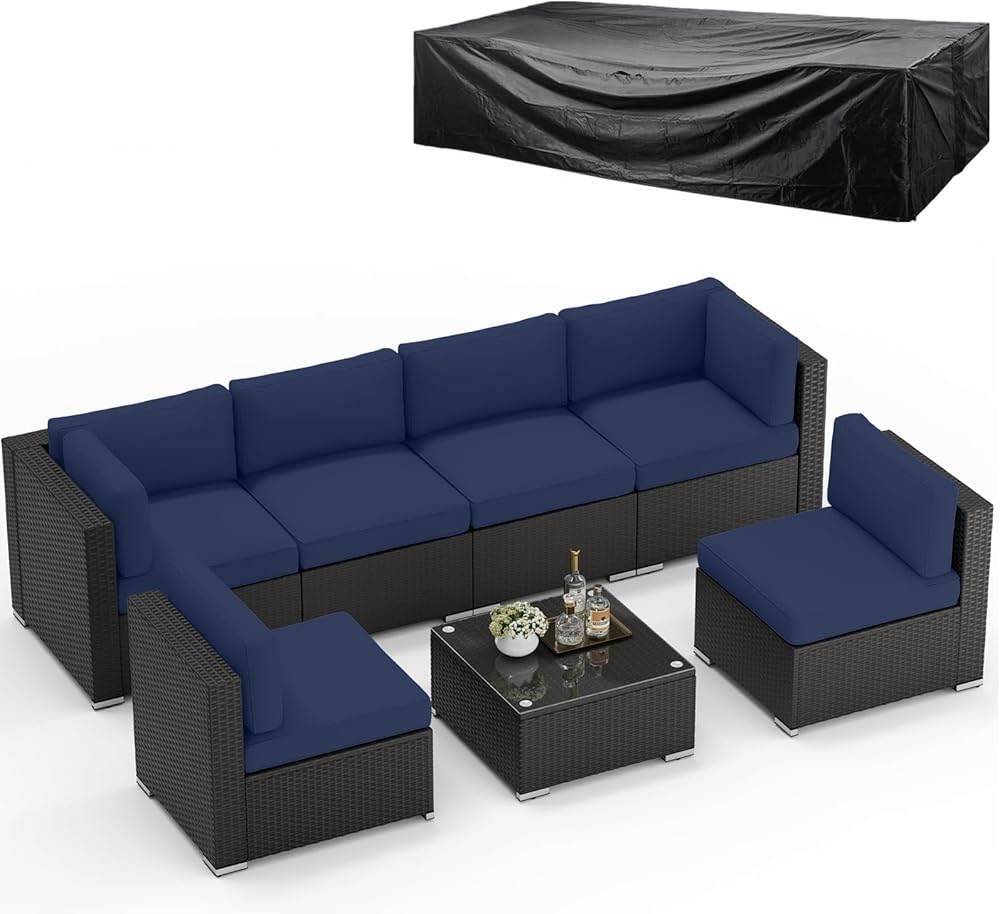 SUNCROWN 7-Piece Outdoor Patio Furniture Sofa Set All-Weather Wicker Sectional Conversation Set with Modern Glass Coffee Table, Cushions and Waterproof Cover,Dark Blue