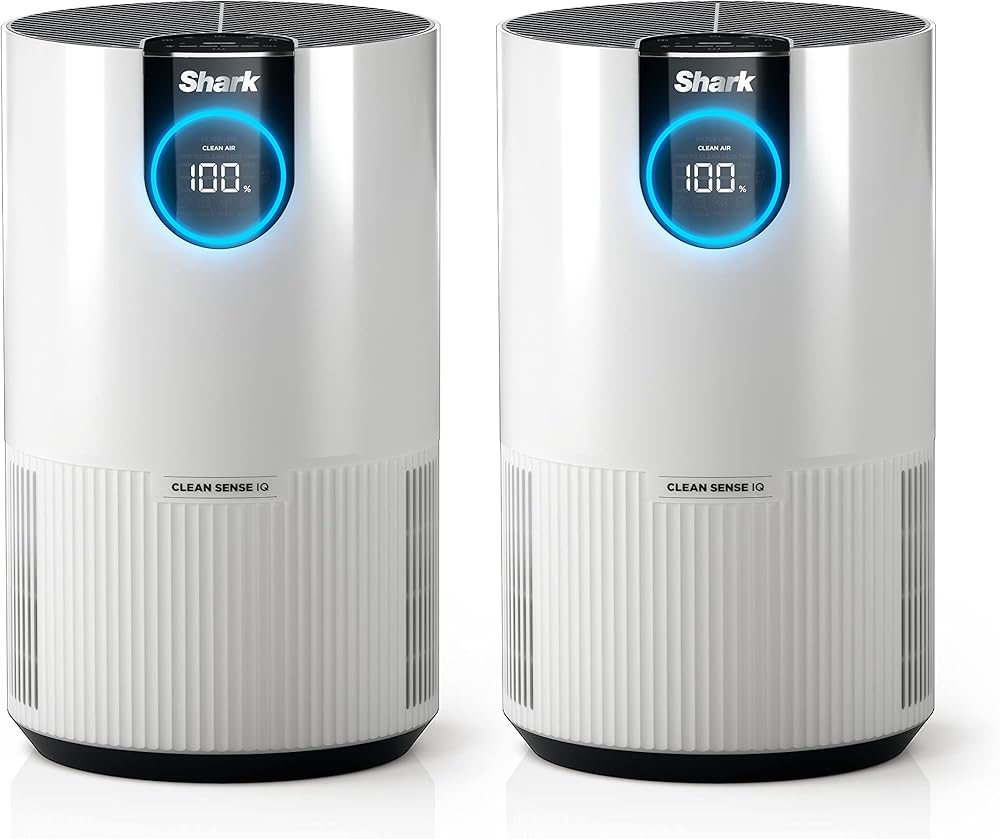 Shark HP102PK2 Clean Sense Air Purifier for Home, Allergies, 2 Pack, HEPA Filter, 500 Sq Ft Small Room, Bedroom, Office, Captures 99.98% of Particles, Dust, Smoke, Allergens, Portable, Desktop, White