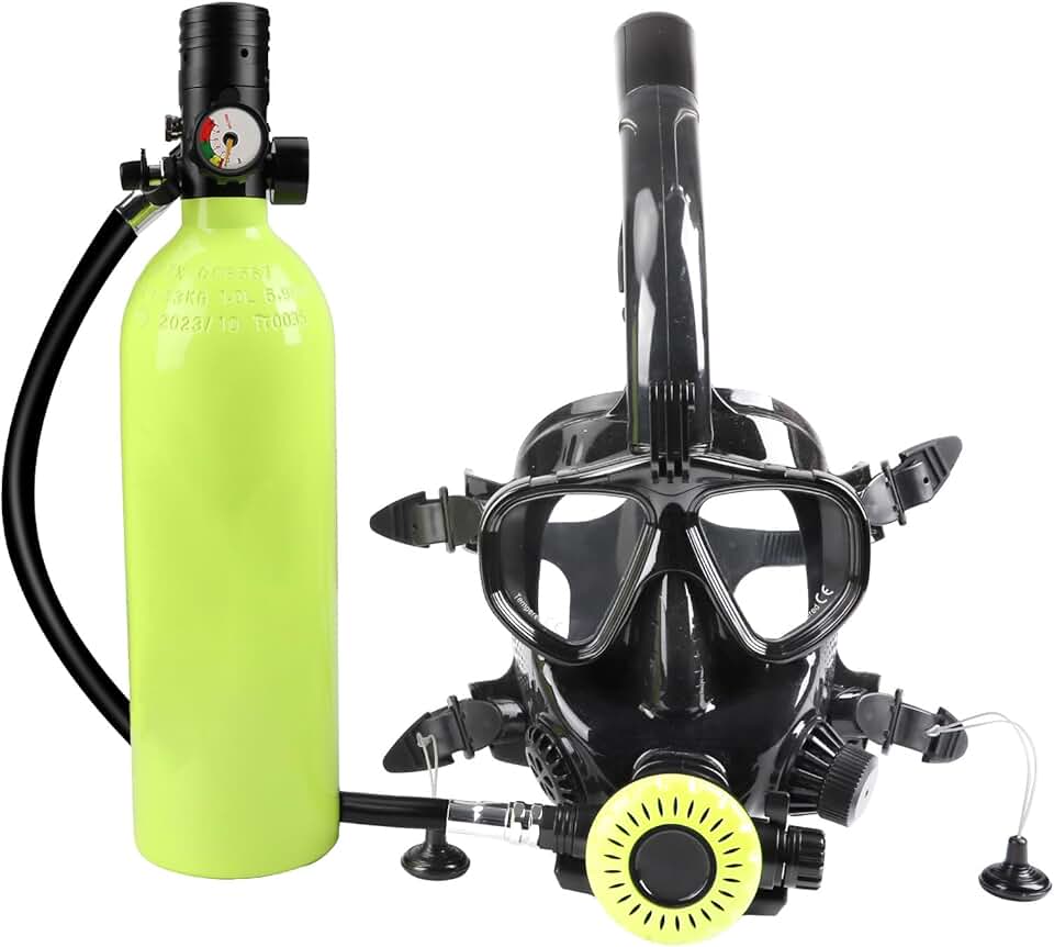 Mini Scuba Tank with Full Face Scuba Mask, 1L Portable Mini Diving Tank Reusable Pony Bottle Provide 15-20 Minutes Breath Support for Underwater Exploration Rescue(No More Than 33 ft)