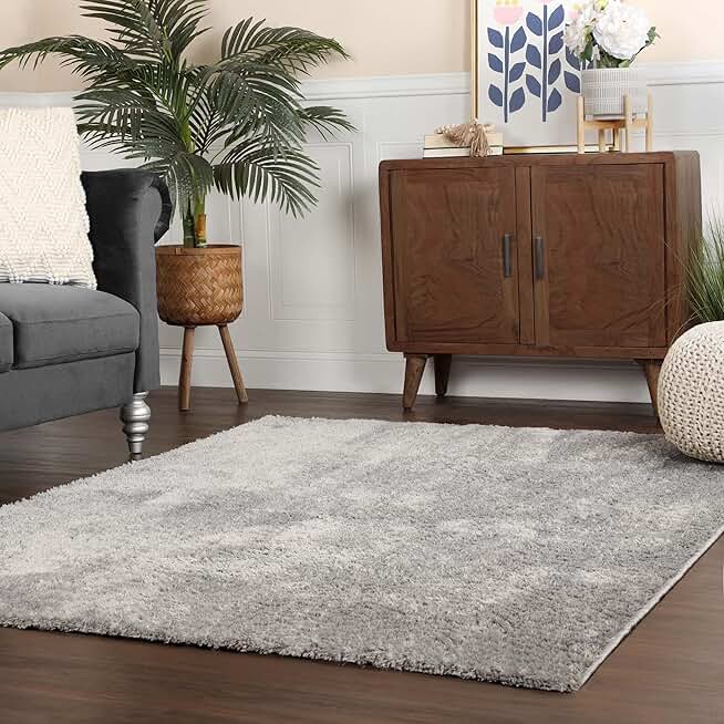 Superior Indoor Large Shag Area Rug with Non-Skid Foam Backing, Ultra-Soft & Fluffy Shaggy Rugs for Living Room, Bedroom, Office, Dining, Home Floor Decor, California Collection, Silver, 10' X 14'