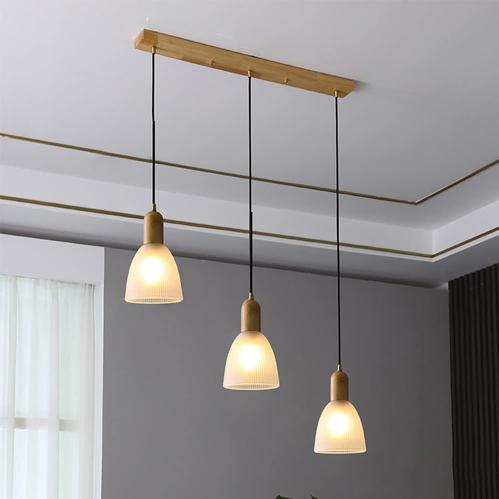 3-Light Cluster Pendant Light Ribbed Glass Hanging Lamp, Wood Accent E27 Chandelier Ceiling Lighting Fixture, Kitchen Island Dining Room Home Decor Suspension Lamps