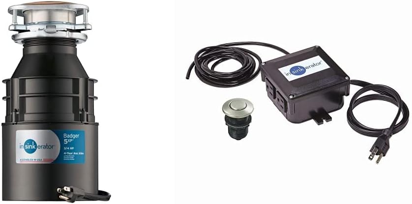 InSinkErator Garbage Disposal with Cord, Badger 5XP, 3/4 HP Continuous Feed & STS-OOSN SinkTop Satin Nickel Button Dual Outlet Switch