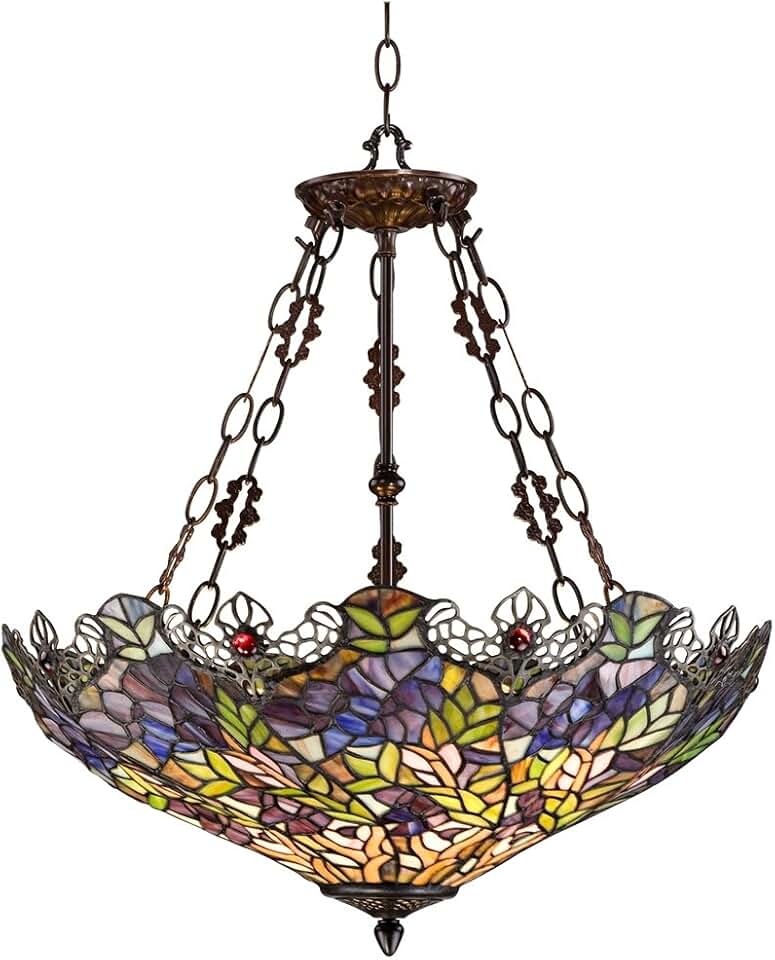 Robert Louis Tiffany Pendant Light Fixture - 3 Light, Floral Stained Glass Shade, Bronze Rustic Tiffany Pendant Light for Kitchen Islands, Living Rooms, and Dining Rooms - 25 1/2