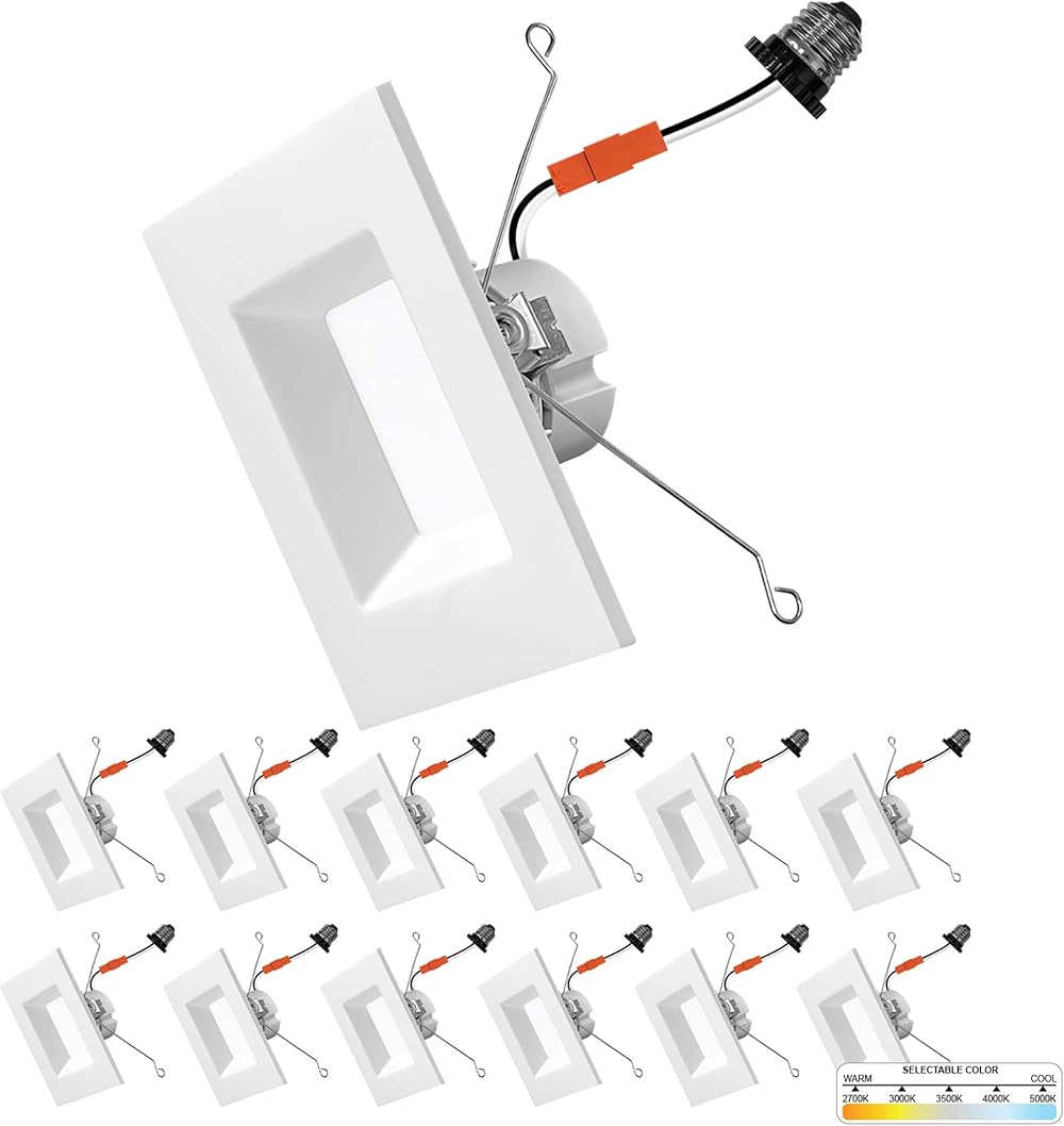 NUWATT 12 Pack, 5/6 Inch Retrofit Square LED Recessed Lighting, 5CCT 2700K/3000K/3500K/4000K/5000K Selectable, 1100 Lumen, 14W, Dimmable 6in Square Ceiling Light, Wet Rated Square Can Lights, ETL, T24