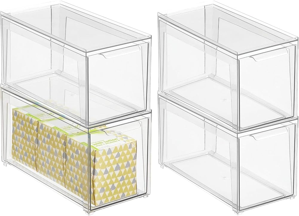 mDesign Plastic Stackable Bathroom Storage Organizer Bin Containers with Front Pull Drawer for Bathroom Countertop, Vanity, Closet Shelves - Holder for Accessories - Lumiere Collection, 4 Pack, Clear