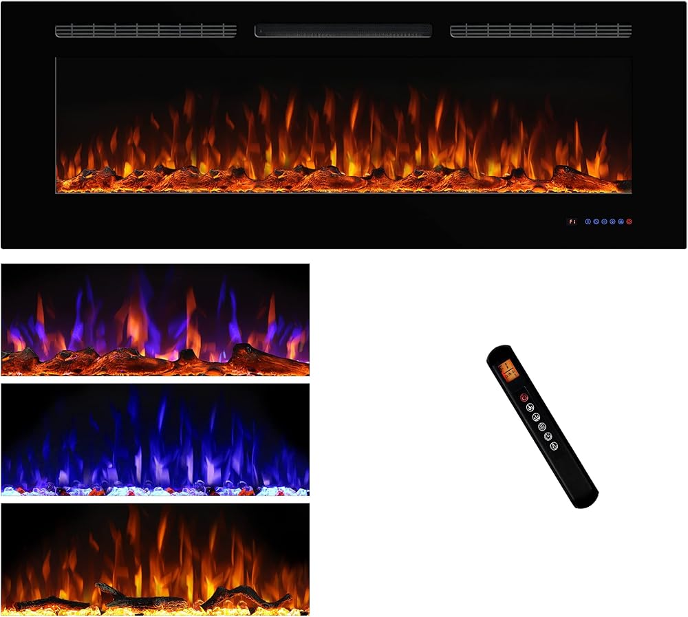 Electric Fireplace 60inches, Wall-Mounted & Recessed Fireplace Inserts, Multicolor Flame w/5 Dimmer, Remote Control Thermostat, Timer, Overheating Protection, Hardwire Connect, 1500W,Black