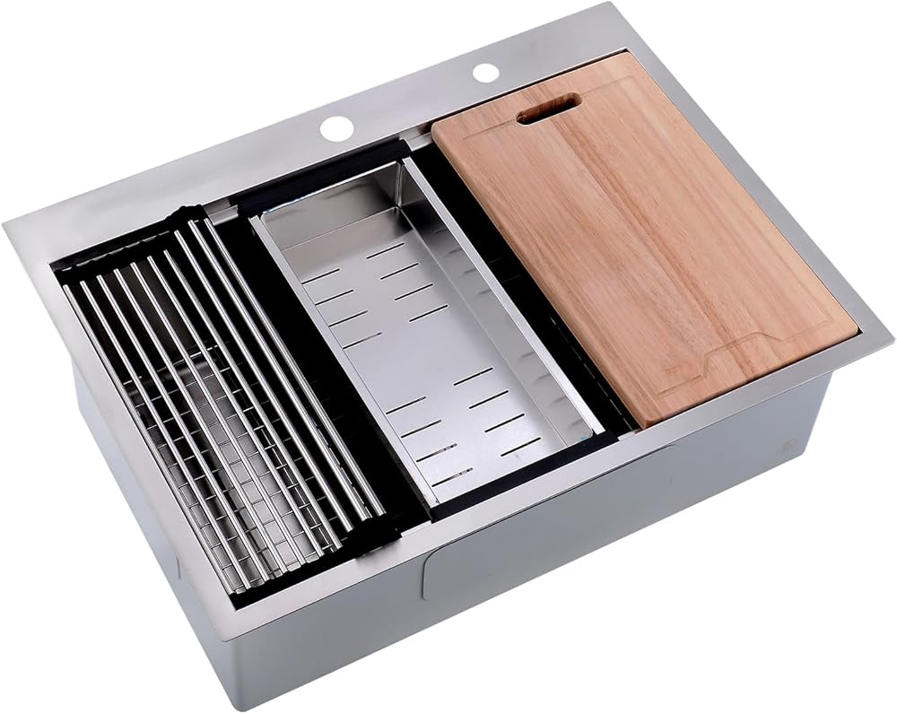 33 Inch Drop in Kitchen Sink Workstation, BoomHoze 33x22 Kitchen Sink Single Bowl Stainless Steel Kitchen Sink 16 Gauge Drop in Workstation Sink Handmade Deep Kitchen Sink with Accessories