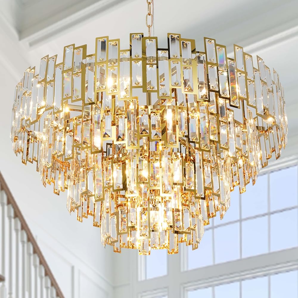 W31.5 Modern Crystal Chandelier Gold Round Chandelier for Living Room 4-Tier Large Chandeliers for High Ceiling Foyer Entryway Light Fixture Hanging Contemporary Lighting 19-Light