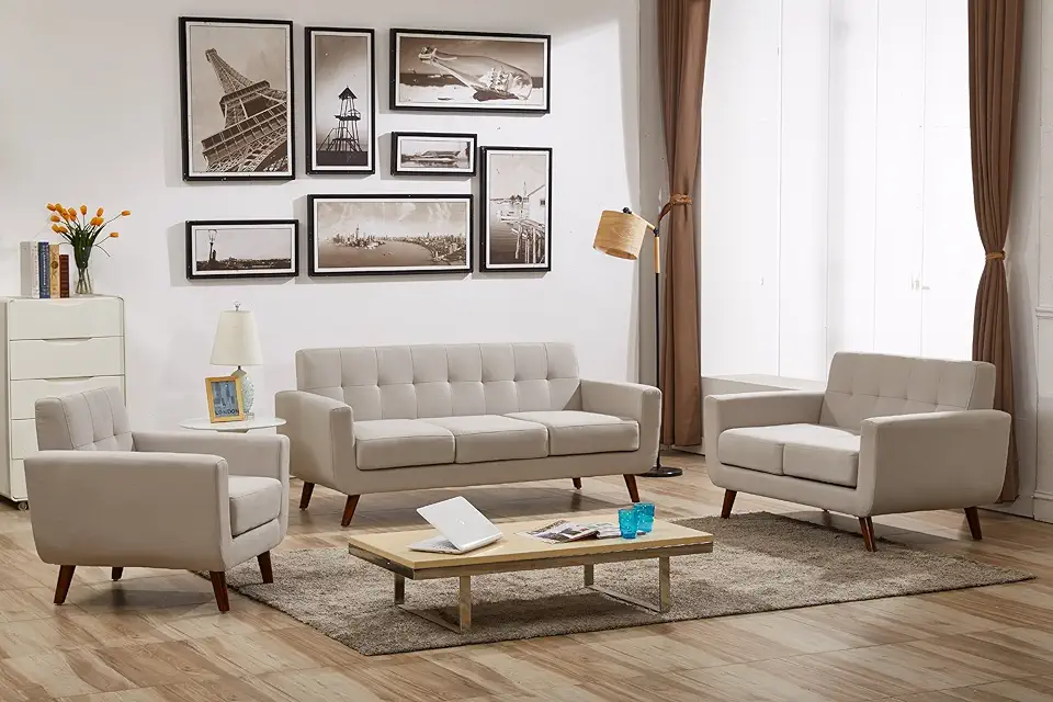 US Pride Furniture AS5174-3PC Charles Mid-Century Modern 100% Linen Fabric Sofa, Loveseat and Chair 3 Pic Set, Clean-Lined Design for Apartment and House, Tan