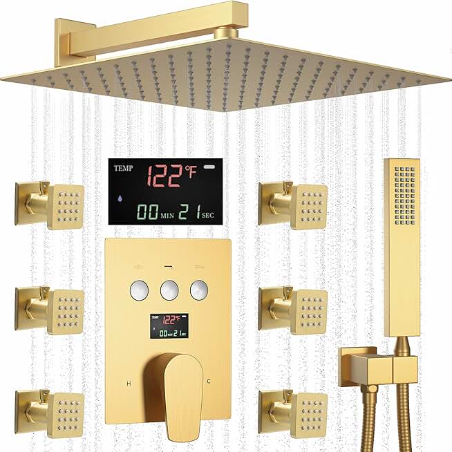 AYIVG Brushed Gold Shower Jets System in Wall Temperature Display Shower System with Push Button Diverter And 6 Shut-Off Body Jets Multi Function Shower System