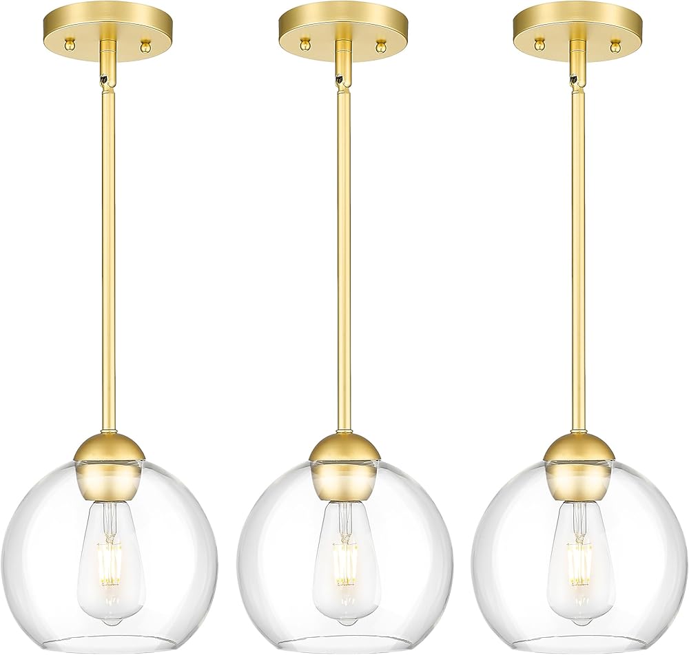 Emak 3 Pack Pendant Lights Kitchen Island, Gold Pendant Light Fixtures with Clear Glass Shade, Modern 8 Inch Globe Hanging Lights for Kitchen, Bedroom, Bar, PL121-GD-3PK