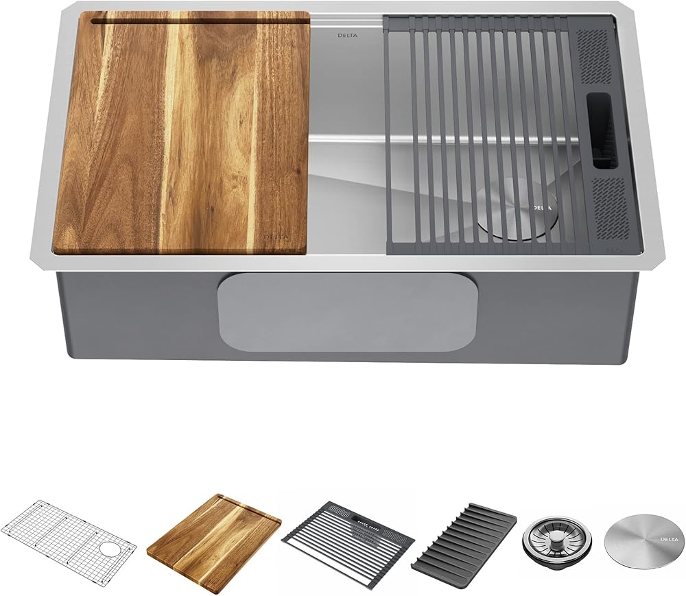 DELTA FAUCET 95B932-30S-SS Lorelai Workstation Kitchen Sink Undermount Stainless Steel Single Bowl with WorkFlow Ledge and Chef’s Kit of 6 Accessories