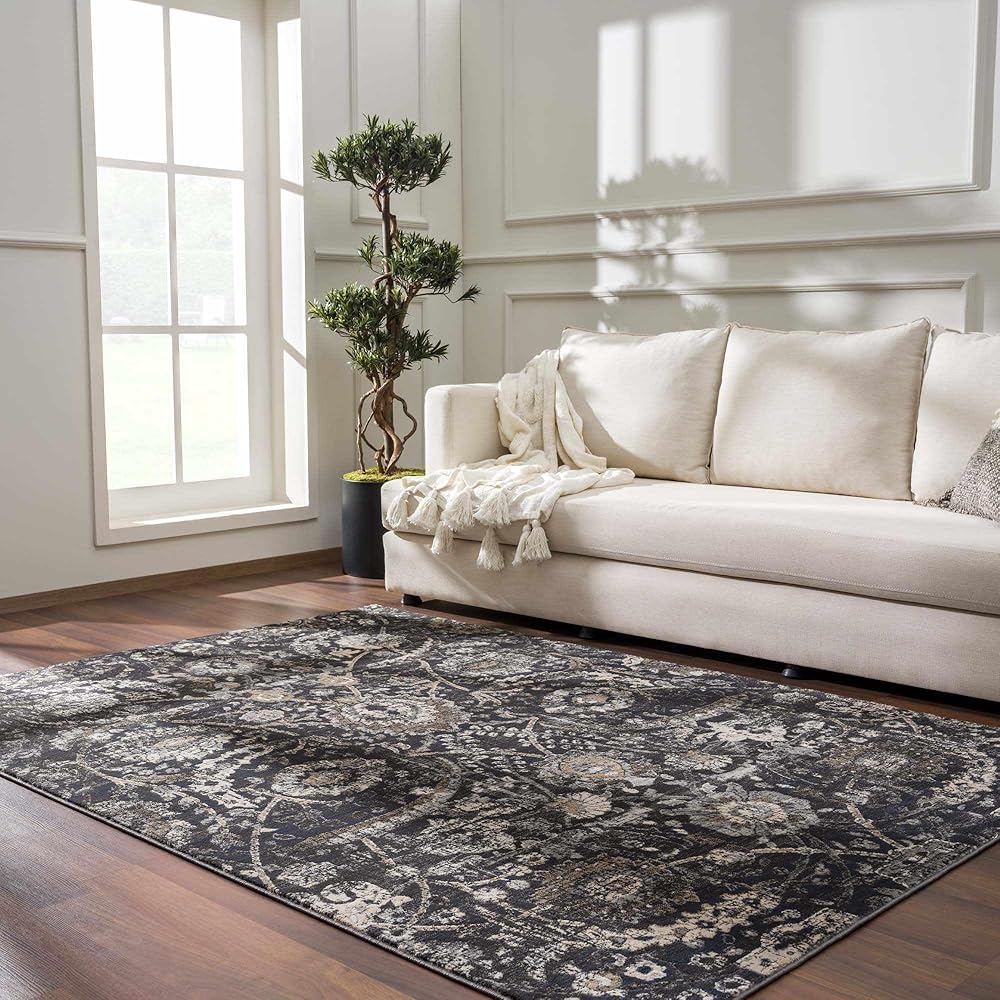 Hauteloom Owatonna Rustic Farmhouse Living Room Bedroom Dining Room Area Rug - Persian Style - Traditional Floral Look - Dark Brown, Grey, Black, Cream - 5'3