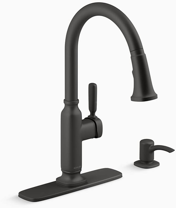 KOHLER Ealing K-R28703-SD-BL Single Handle Pull-Down Kitchen Faucet with Soap/Lotion Dispenser and Deck Plate Matte Black