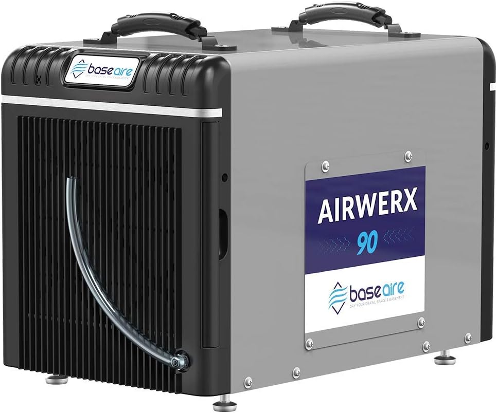 BaseAire Crawl Spaces Dehumidifier AirWerx90, Basement Dehumidifier 90pints/Day at AHAM, Cover 2,600 Sq. Ft, Portable, Auto Defrosting, Optional Remote Control, 5 Years Warranty