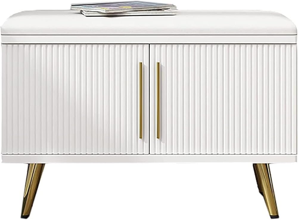 Shoe Storage Bench Entryway Hallway Furniture, Wooden Shoe Bench with Adjustable Partition Modern Shoe Stool Shoe Cabinet with Soft PU Seat, White, 60 x 33 x 48 cm