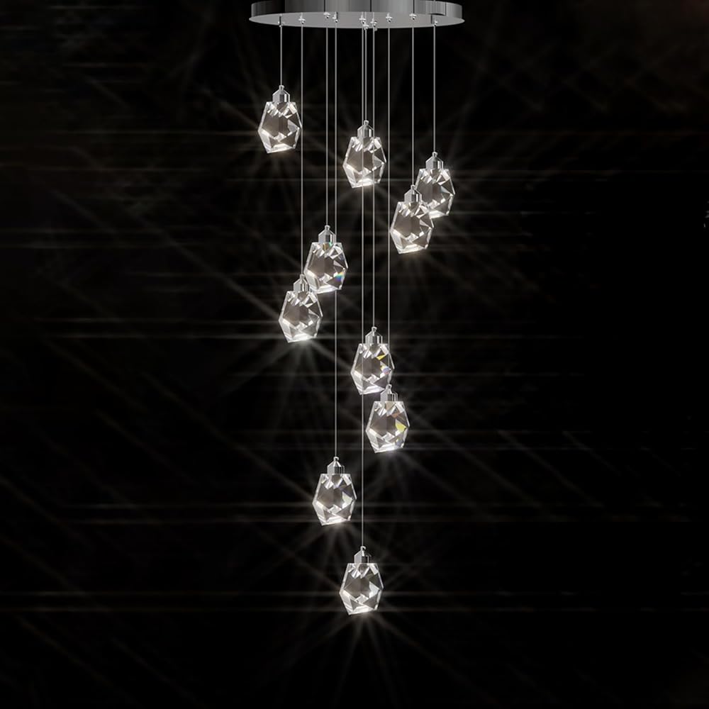 H10feet Modern Spiral Staircase Crystal Chandeliers for High Ceiling Foyer Entrance 10-Lights Silver LED Pendant Light Fixture with Remote Control APP Dimmable 3000-6000K