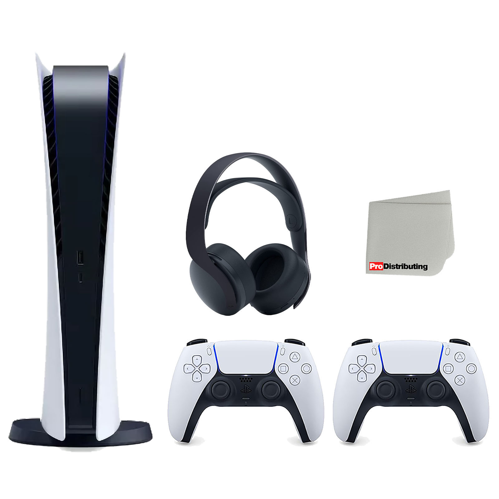 Sony Playstation 5 Digital Edition Console with Extra White Controller and Black PULSE 3D Headset Bundle with Cleaning Cloth