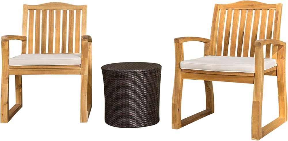 Christopher Knight Home Tampa Outdoor Acacia Wood Chat Set with Round Wicker Table, 3-Pcs Set, Teak Finish / Brown