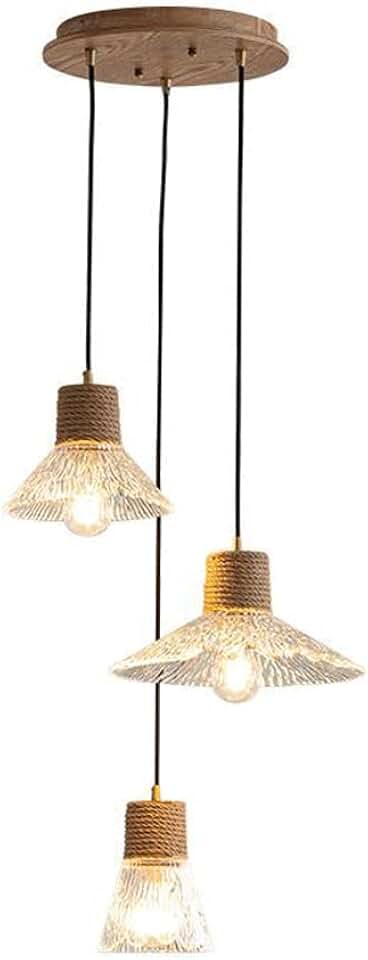 3-Light Cluster Lighting Fixture Wood Chandelier with Hammered Glass Shade, Dining Room Ceiling Hanging Lamp, Wooden Suspended Lights for Kitchen, E27 Droplight/a