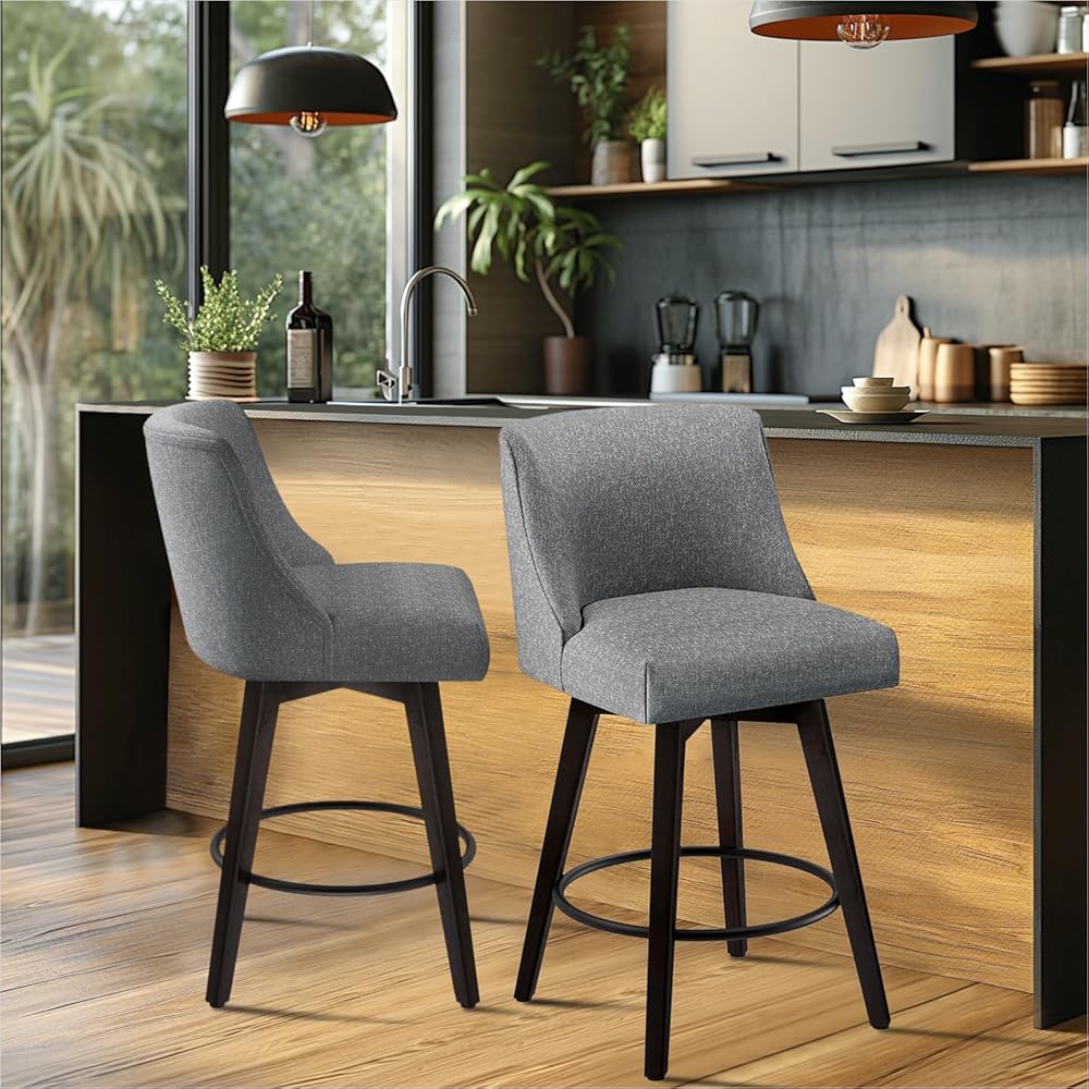 MUUEGM Counter Height Bar Stools Swivel with Back Set of 2, 26In Height Bar Stools with Solid Wood Stand, Faux Leather Upholstered Counter Height Bar Stool with Thicken Cushion Back, Dark Grey