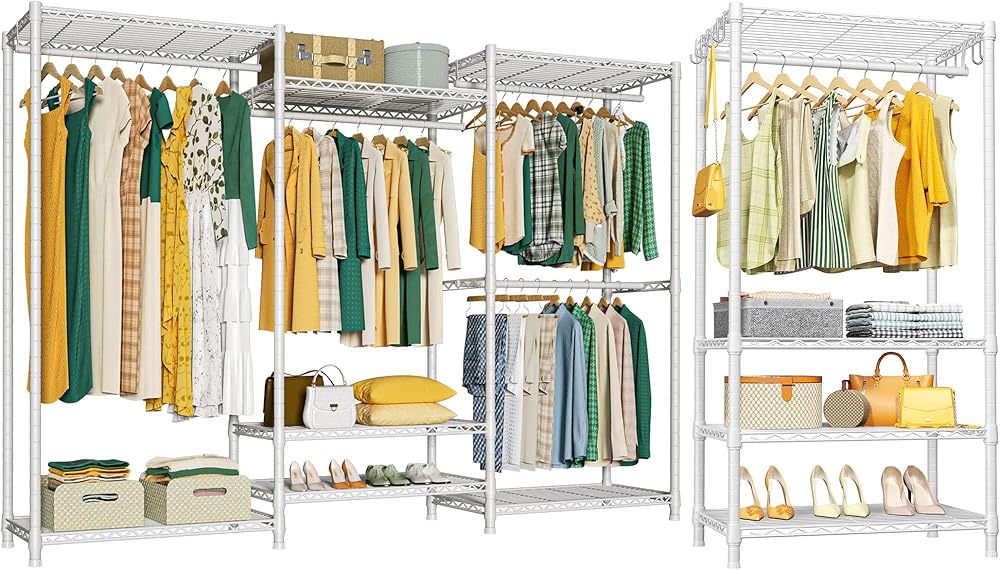 Ulif E8 and Portable Garment Rack White Bundle, Clothes Rack, and Closet Storage System with Shelves and Expandable Hanger Rods, Freestanding Clothing Rack