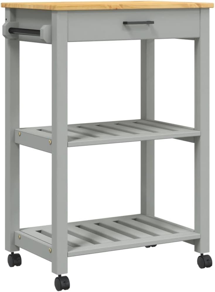 vidaXL Pine Wood Kitchen Trolley - Rolling Storage Cart with Drawer, Shelves, Locking Wheels - Gray/Honey Wax, 23.6