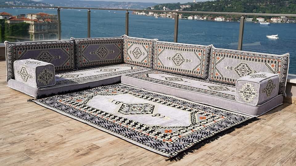 Gray L Shaped Pallet Cushions, Arabic Floor Sofa Set, Oriental Floor Seating, Sectional Floor Cushion, Indoor Floor Pillows, Arabic Majlis Set, Sofa Bed (L Sofa + Rug, 4'' Thickness (10 cm))