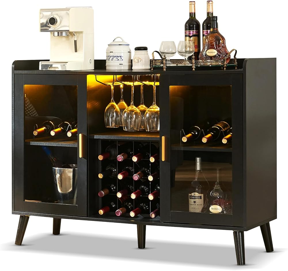 Home Coffee Cabinet with Wine Rack and Glass Holder Kitchen Buffet Sideboard Storage Shelf with LED Light for Living, Dining Room (Black), 47