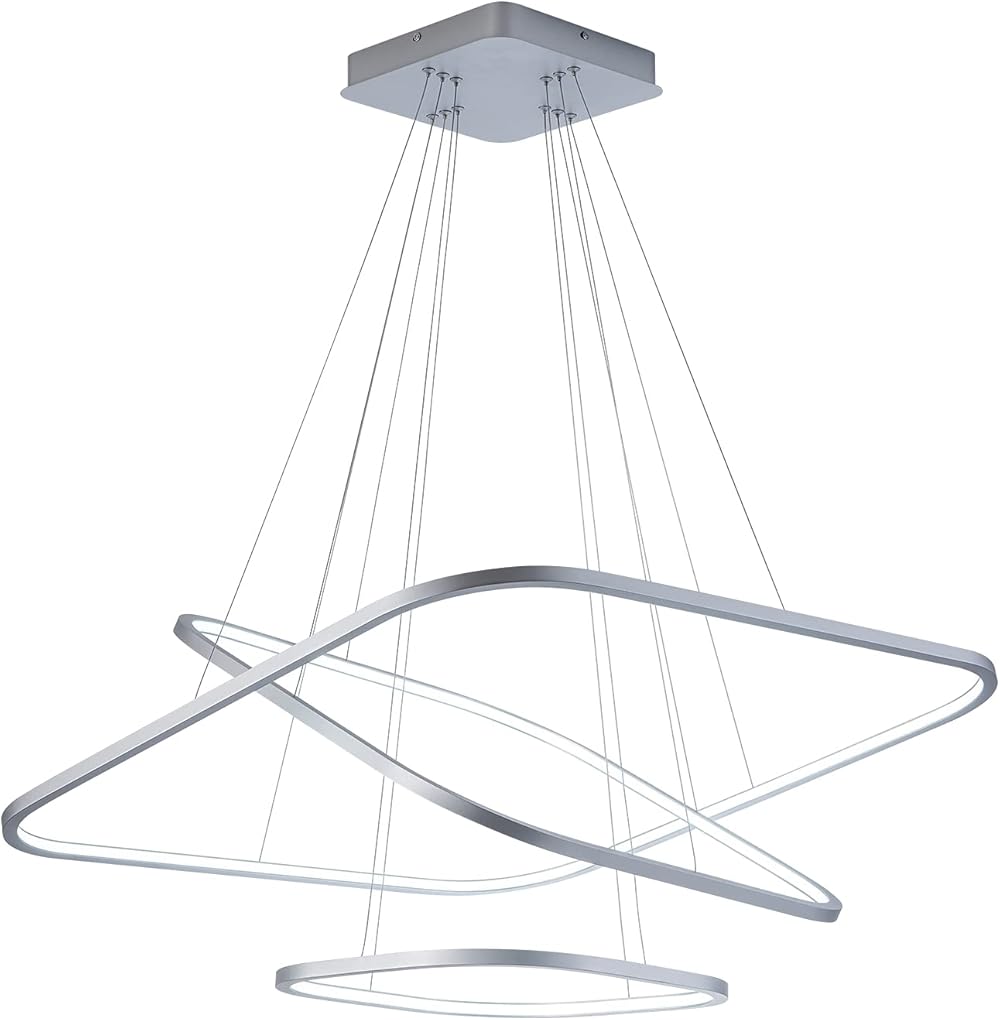 Room Decor Modern Chandelier Dimmable Square LED Pendant Lighting 3-Ring Chandelier 120W Adjustable Ceiling Pendant Light for Living Dining Room Bedroom Kitchen, 6000K Cool White, Silver