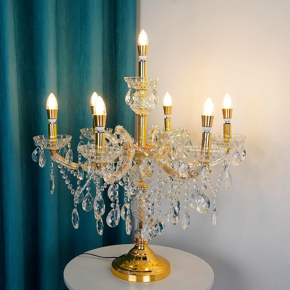 Vintage Crystal Table Lamp, Antique Candelabra Decorative Bedside Desk Lamp, Glass Night Light for Bedroom Nightstand in Gold