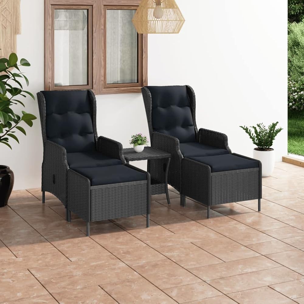3 Piece Patio Lounge Set with Cushions,Afternoon Tea Suit,Conversation Furniture,Backyard Decor,Features Reclining Function, Poly Rattan Dark Gray