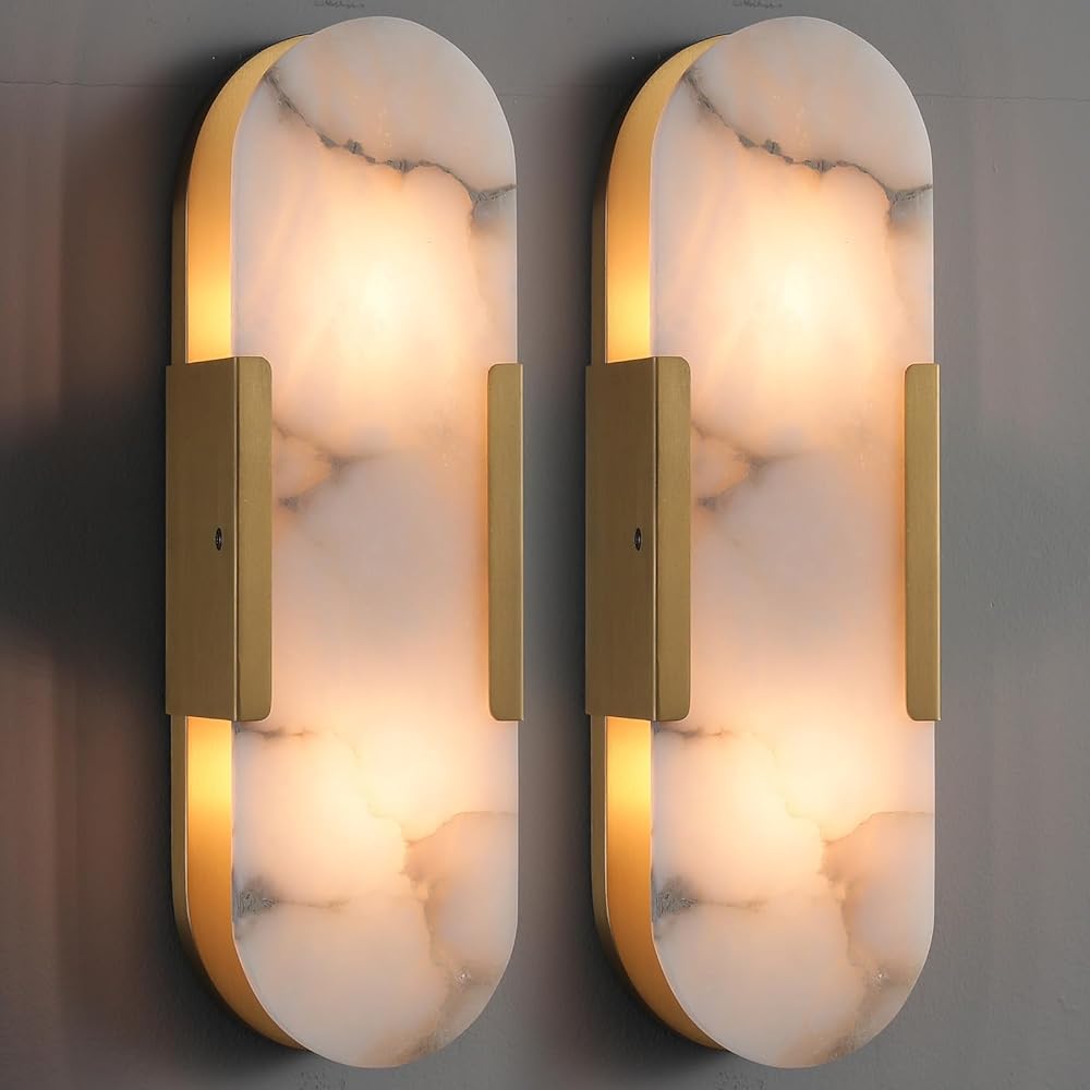 Brass Wall Sconces Set of Two, Natural Alabaster Wall Light,Gold Vanity Light Fixtures for Bathroom,Bedside Wall Lamp Perfect for Bedroom, Hallway, Living Room Kitchen(Including Bulb)
