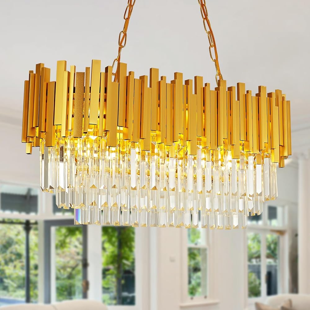 Modern Crystal Chandelier Luxury Gold Chandelier Lights Contemporary Oval Crystal Kitchen Island Chandelier Large Raindrop Pendant Light Fixture for Dining Room Living Room Table Foyer