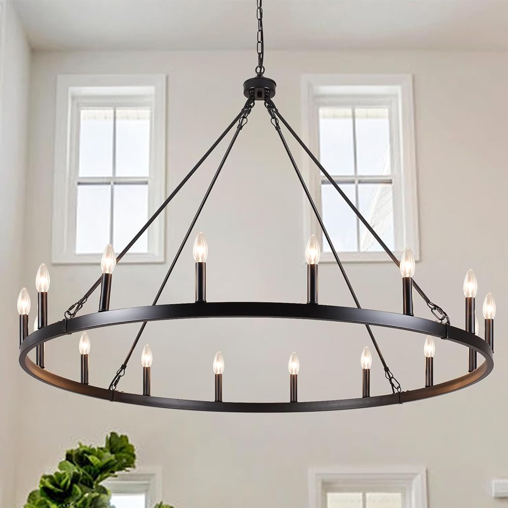 16-Light Wagon Wheel Chandelier 47 Inch Large Chandeliers for High Ceilings，Large Black Chandelier Light Fixture Farmhouse Chandelier Round Chandelier Outdoor Chandelier Dining Room Foyer Entryway