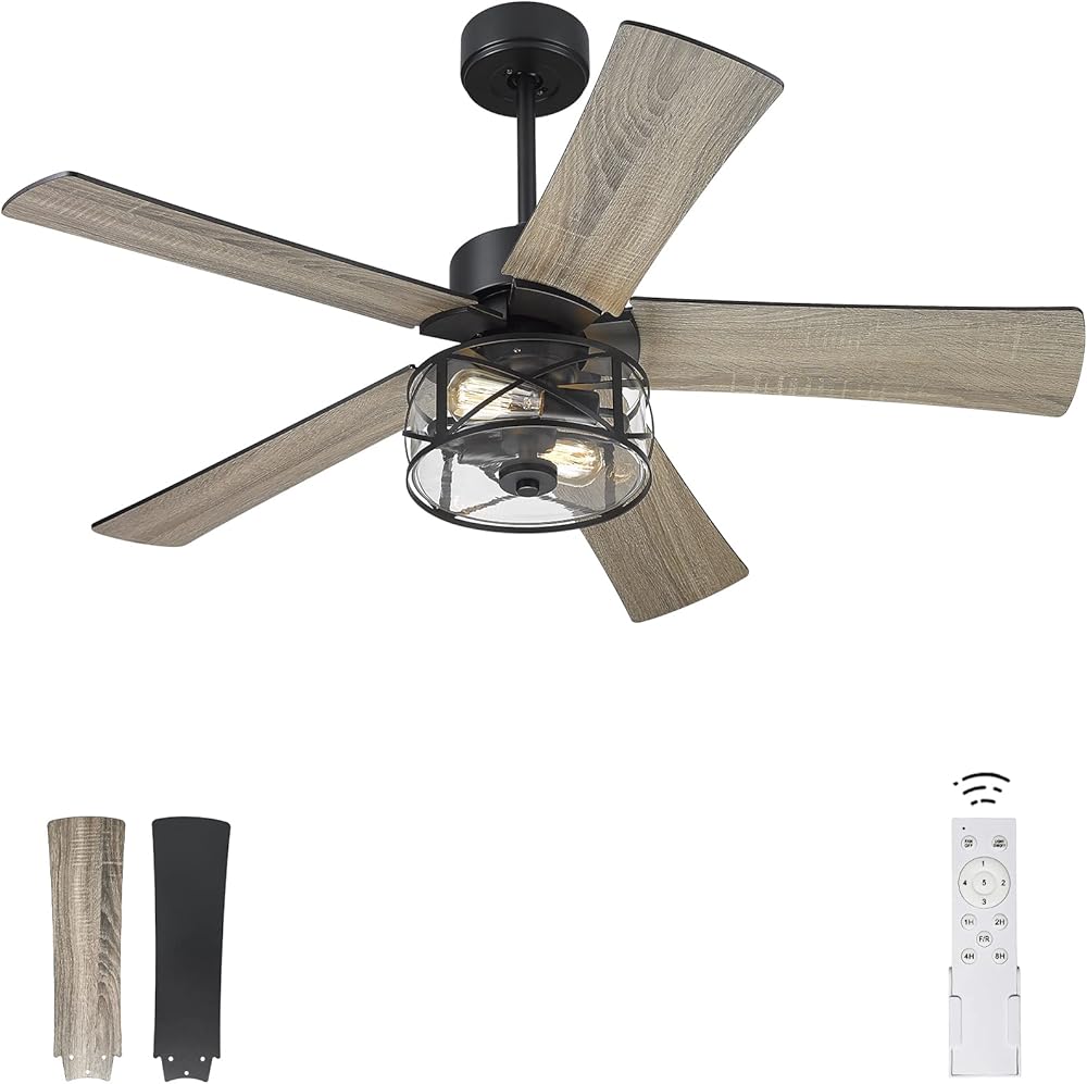 YOUKAIN Farmhouse Ceiling Fans, 48 Inch Industrial Ceiling Fan with Light and Remote Control, Clear Glass, 5-Reversible Blades with Matte Black/Wooden Finish, 52-YJ632