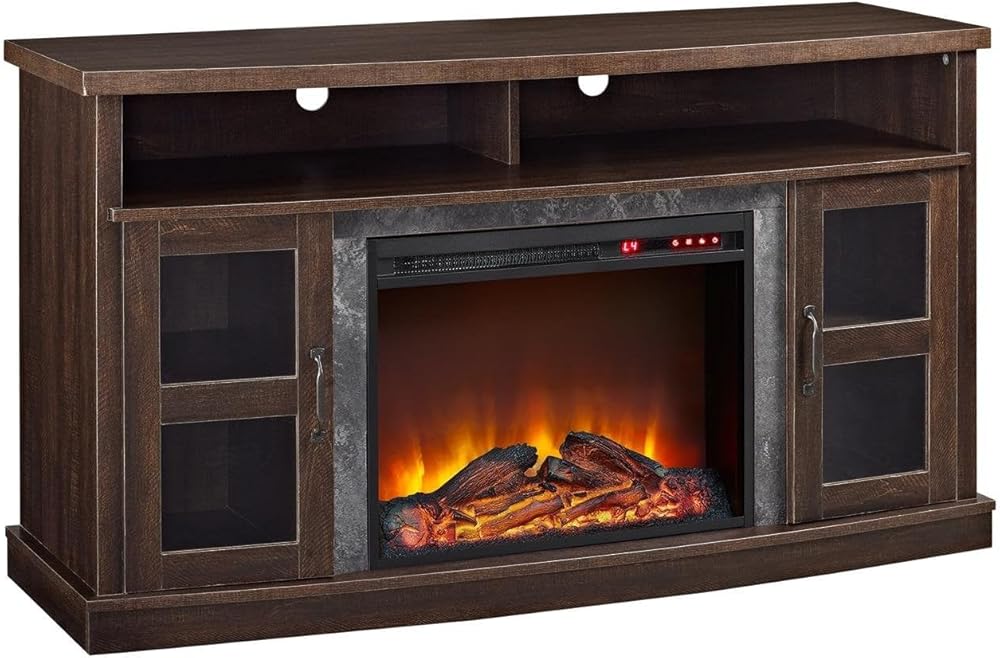 Ameriwood Home Barrow Creek Fireplace TV Stand for TVs up to 60 Inch, Replaceable Electric Fireplace Insert Heater, Remote Control, Timer, Realistic Log and Flame Effect, Espresso