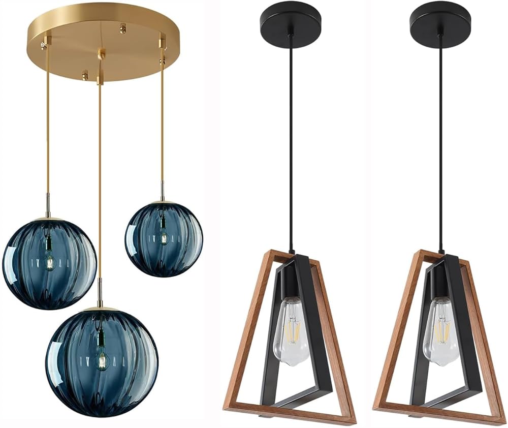 3-Light Cluster Pendant Lighting Blue Glass Chandelier Pendant Light Rustic Wood Pendant Lights Farmhouse Kitchen Island Light Fixtures Set of 2