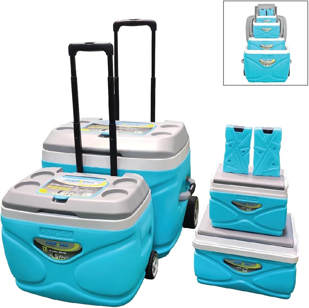 Pinnacle Cooler with Wheels – Practical Set of 66L Cooler with Wheels and Handle – includes 30L 11L and 4.5L Camping Coolers and 2 Ice Bricks – Cup Holder and Sitting Lid – Extended Cooling Time