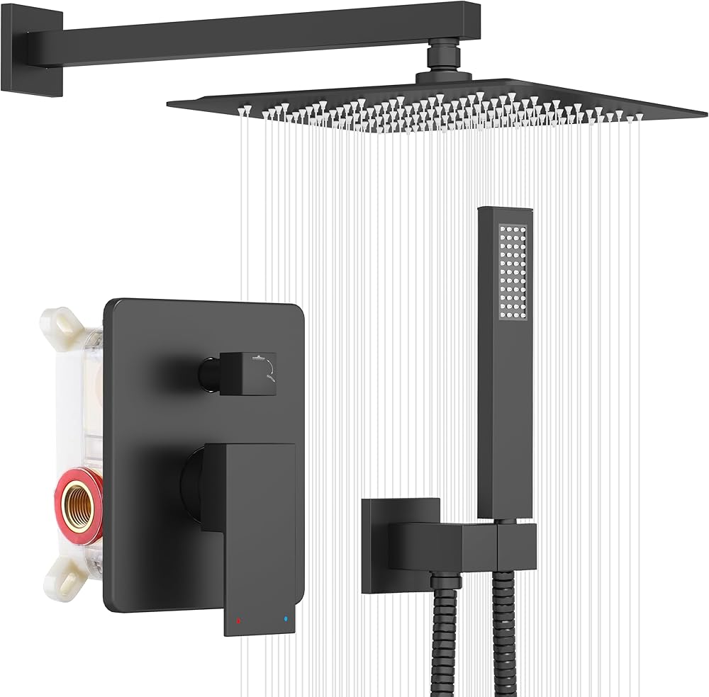 ESNBIA Shower System Black, Bathroom 10 Inches Rain Shower Head with Handheld Combo Set, Wall Mounted High Pressure Rainfall Dual Shower Head System, Shower Faucet Set with Valve and trim, Matte Black