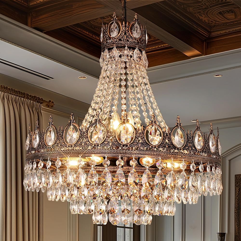 TOCHIC French Empire Crystal Chandelier, 9-Light Farmhouse Antique Bronze Chandelier Vintage Rustic Ceiling Light Fixture for Dining Living Room, Bedroom, Kitchen Island, Bathroom, Foyer, 24