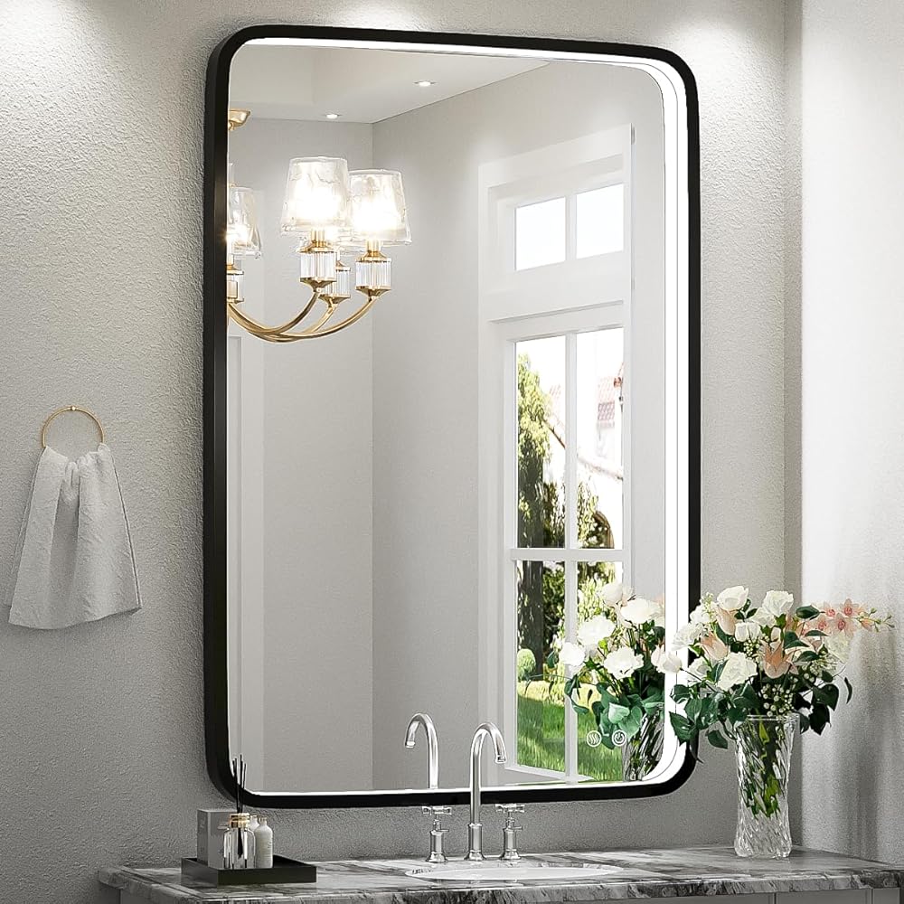 36x24 Inch LED Bathroom Mirror with Lights, Black Metal Frame Mirror, Wall Mounted Lighted Vanity Mirrors for Wall, Anti Fog Dimmable Led Mirror for Makeup