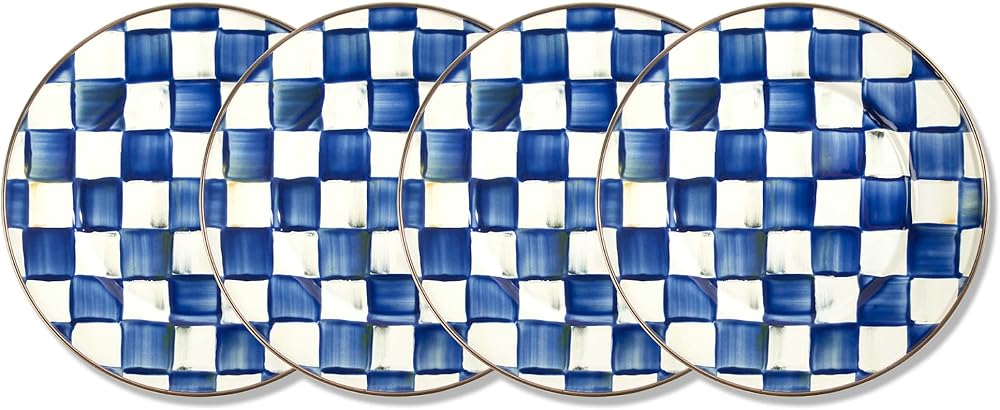 MACKENZIE-CHILDS Enamel Salad and Dessert Plate, Small Plate for Appetizers or Desserts, 8 Inches, Set of 4, Blue-and-White Royal Check