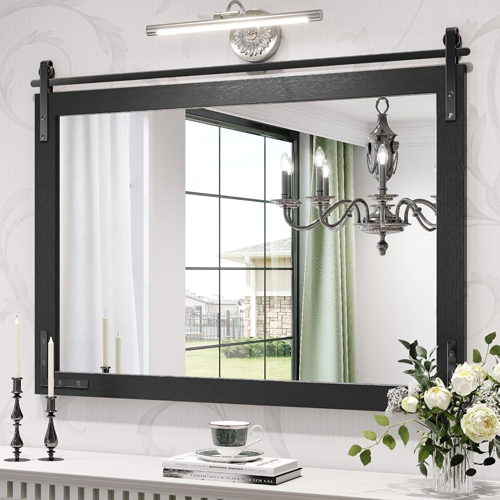 Farmhouse Mirror 40x30 Inch, Black Rustic Bathroom Mirror Vanity, Wood Framed Rectangular Wall Decor Mirrors for Entryway, Living Room, Bedroom