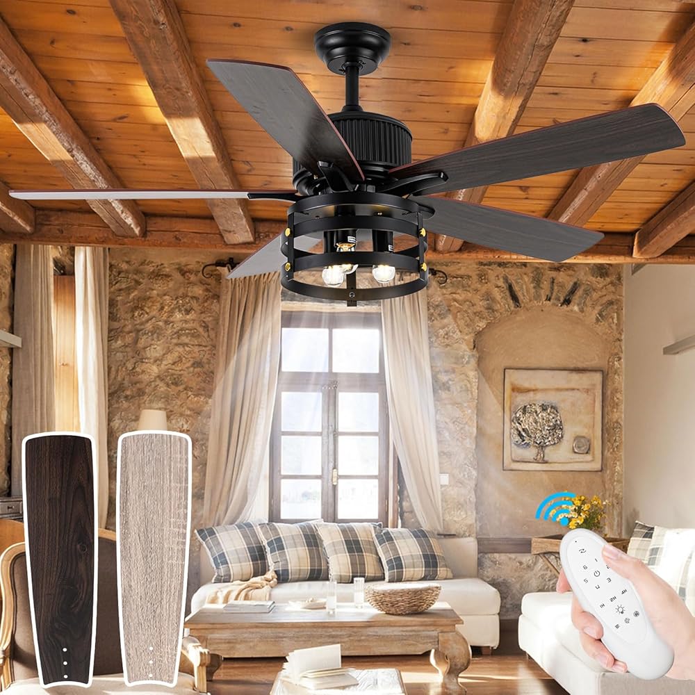 Rustic Farmhouse Ceiling Fan with Lights, 52 Inch Industrial Cage Ceiling Fan Light, Indoor Outdoor Ceiling Fan with Remote, Reversible DC Motor for Farmhouse Patios Bedroom Garage (52 Inch, Walnut)