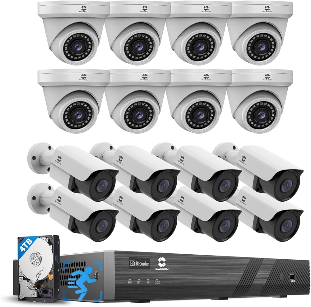 GWSECU 16 Camera Security System Commercial, (16) 5MP Wired PoE Cameras Outdoor/Indoor Built-in Mic, 2.8mm Lens, AI Human Detection,100ft IR Night Vision, 4K 16 Channel NVR with 4TB HDD, G51616P4M01