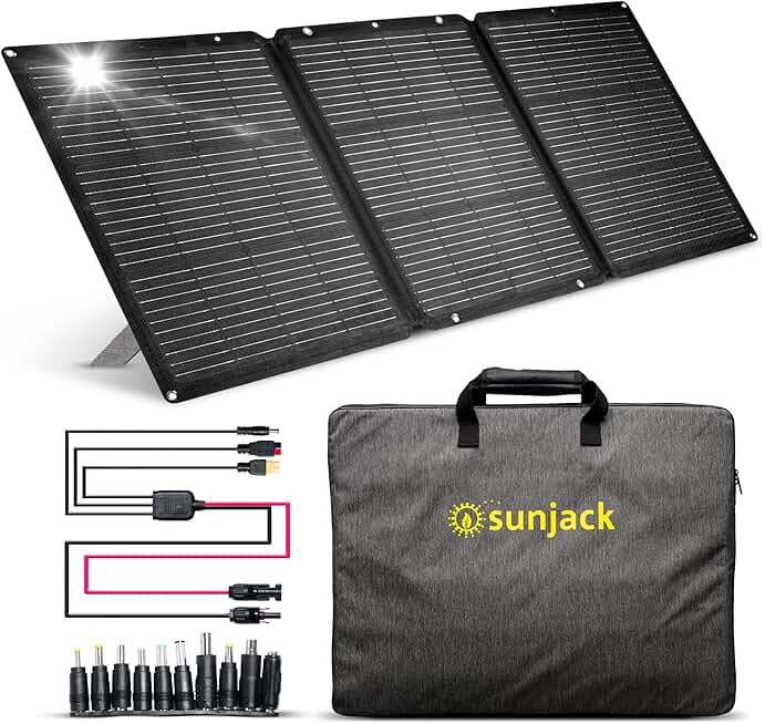 SunJack 120W Folding Portable Solar Panel with Kickstands, MC4/PD60 USB-C/USB-A Solar Charger, IP67 Waterproof for Power Station Generator Battery and Outdoors, Off Grid, Camping, RV, Power Outage
