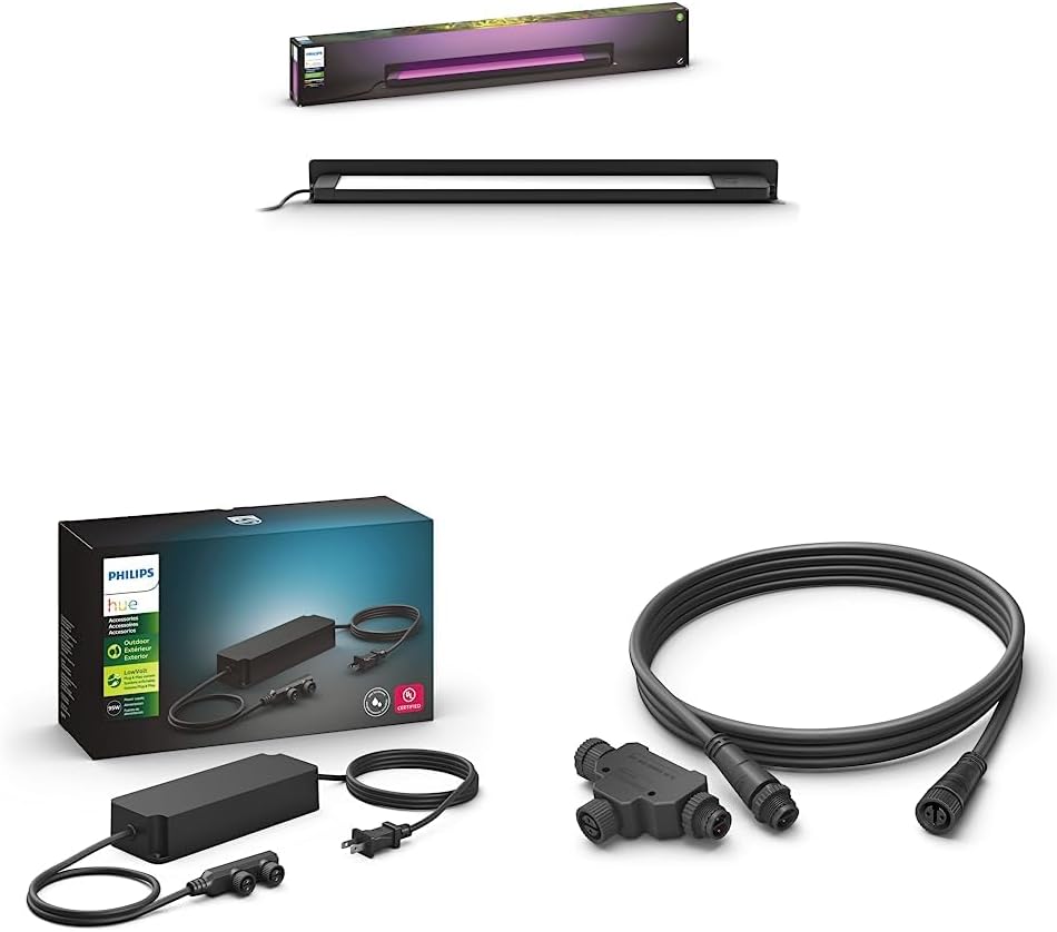 Philips Hue White and Color Ambiance Amarant Outdoor Light Bar - 1600 Lumen & 100W Outdoor Power Supply Unit & Outdoor 8ft Cable Connector + T-Part, Black
